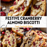 Golden slices of Almond Cranberry Biscotti with cranberries and almonds on a rustic baking tray.